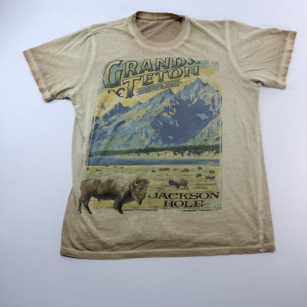 VTG Big Vista Grand Teton National Park Jackson Hole Bison Graphic T-Shirt Tan M